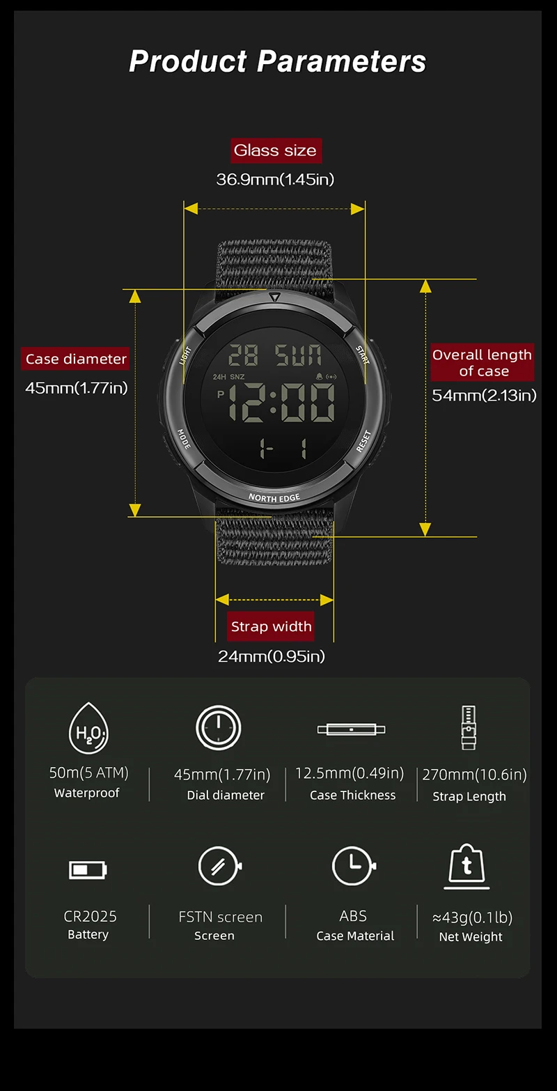 NORTH EDGE 2026 TERRAX Men's Digital Watches Outdoor Sports Swimming Waterproof 50M Stopwatch Countdown Electronic Watch For Men