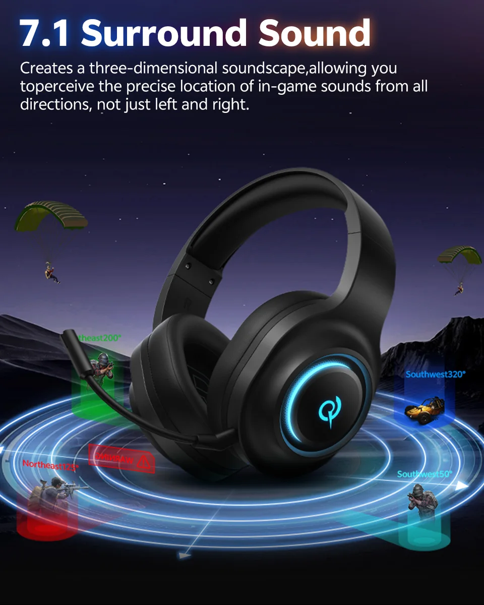 QCY Heroad V200 Over Ear Headphones 50mm Driver 7.1 Surround Sound Headset Wireless Bluetooth 6.0 Earphones for PC Laptop PS4/5