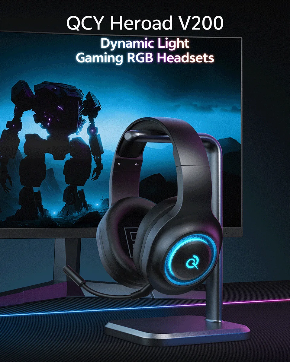QCY Heroad V200 Over Ear Headphones 50mm Driver 7.1 Surround Sound Headset Wireless Bluetooth 6.0 Earphones for PC Laptop PS4/5