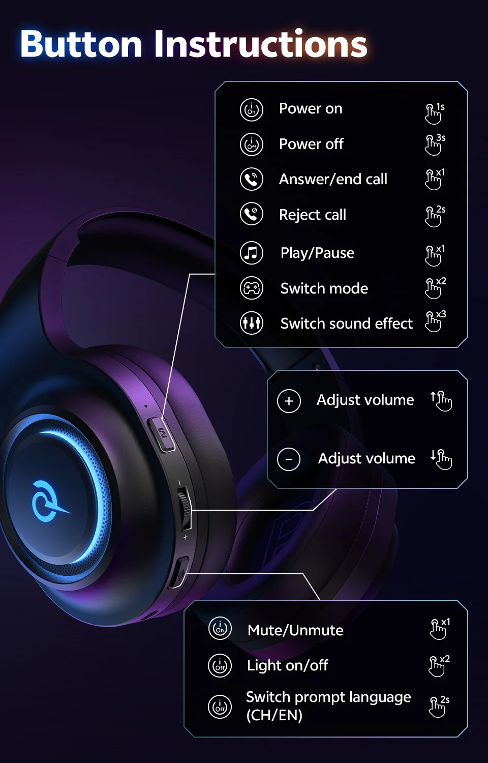 QCY Heroad V200 Over Ear Headphones 50mm Driver 7.1 Surround Sound Headset Wireless Bluetooth 6.0 Earphones for PC Laptop PS4/5