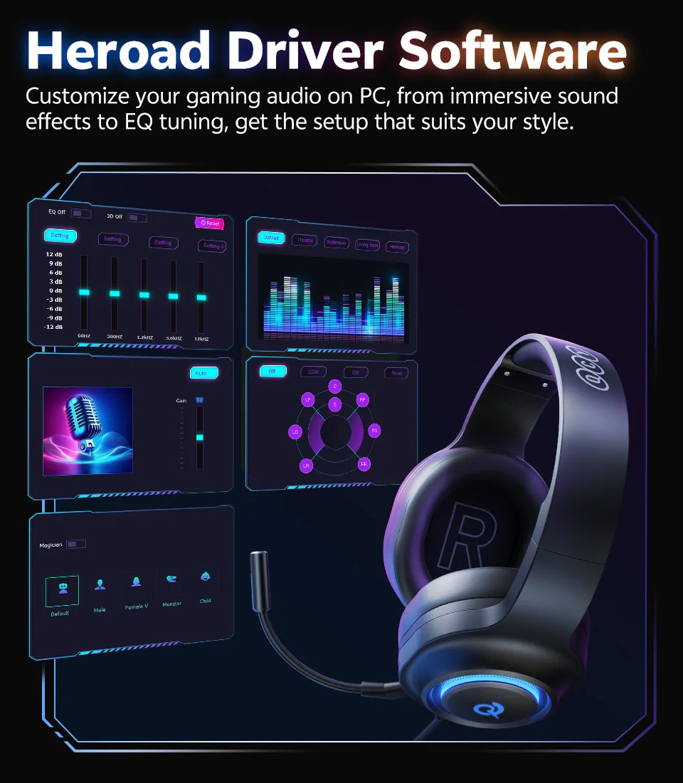 QCY Heroad V200 Over Ear Headphones 50mm Driver 7.1 Surround Sound Headset Wireless Bluetooth 6.0 Earphones for PC Laptop PS4/5