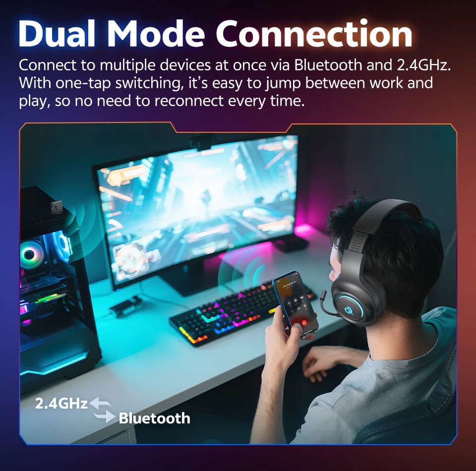 QCY Heroad V200 Over Ear Headphones 50mm Driver 7.1 Surround Sound Headset Wireless Bluetooth 6.0 Earphones for PC Laptop PS4/5