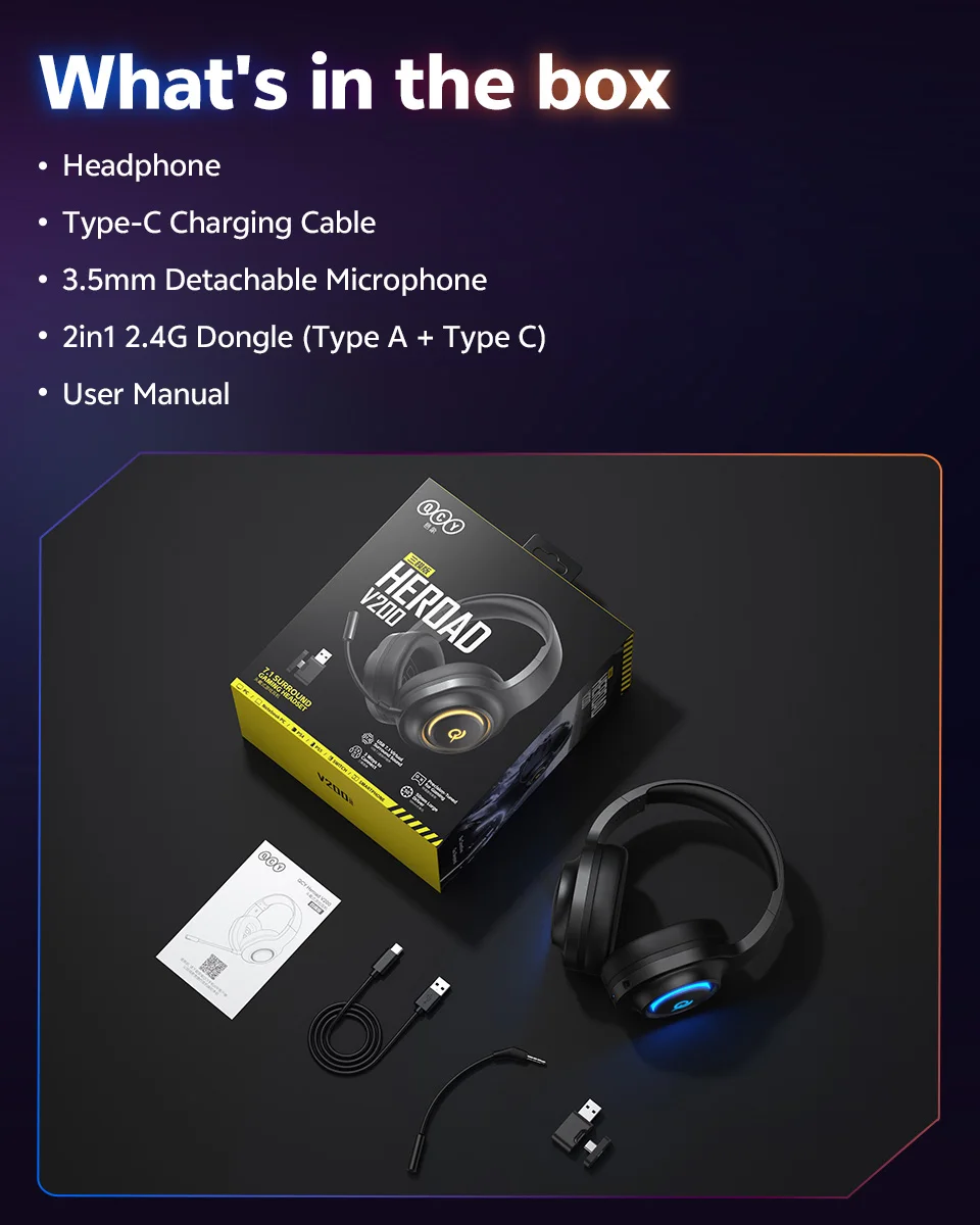 QCY Heroad V200 Over Ear Headphones 50mm Driver 7.1 Surround Sound Headset Wireless Bluetooth 6.0 Earphones for PC Laptop PS4/5