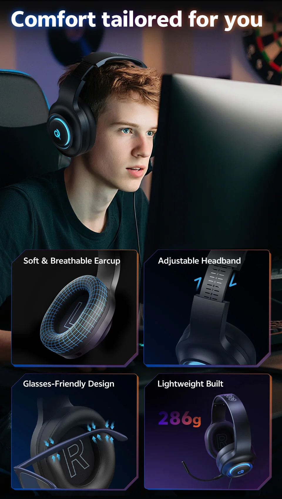 QCY Heroad V200 Over Ear Headphones 50mm Driver 7.1 Surround Sound Headset Wireless Bluetooth 6.0 Earphones for PC Laptop PS4/5