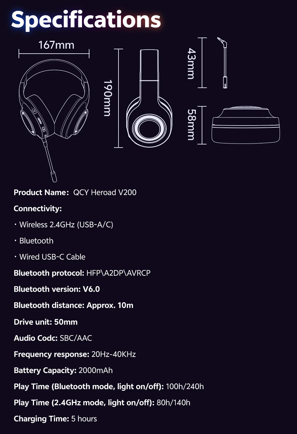 QCY Heroad V200 Over Ear Headphones 50mm Driver 7.1 Surround Sound Headset Wireless Bluetooth 6.0 Earphones for PC Laptop PS4/5