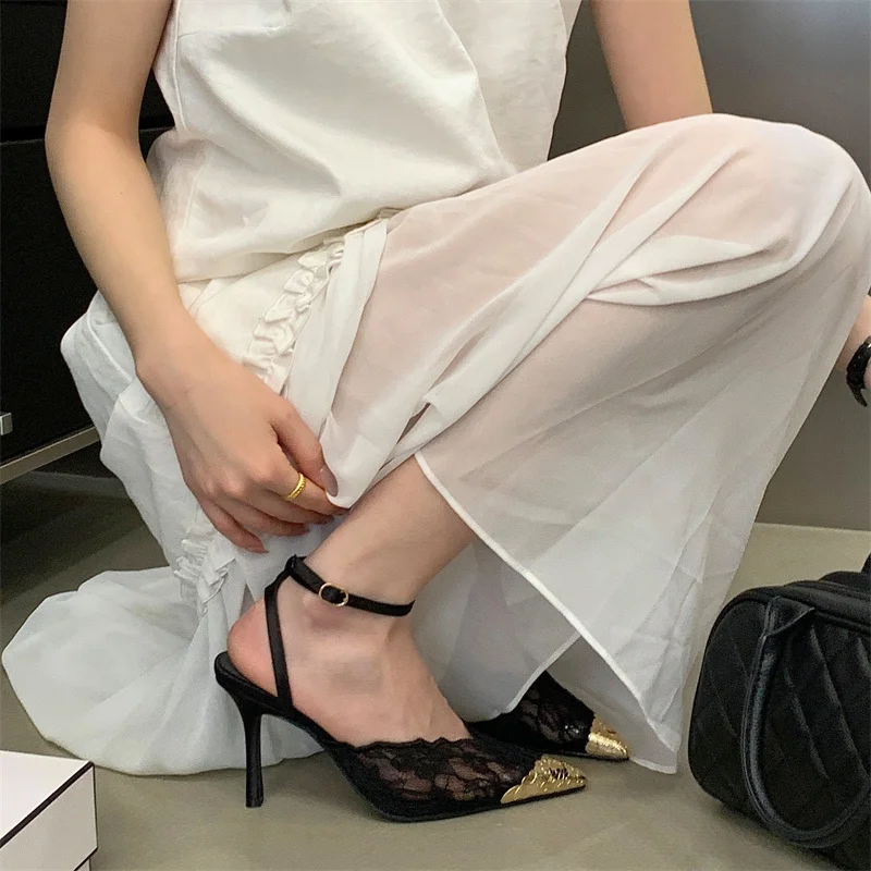 Aneikeh Fashion Retro Lace Designer Pointed Toe Thin Heels Slingbacks Pumps Women Wedding Banquet Dress Mules Ladies Shoes