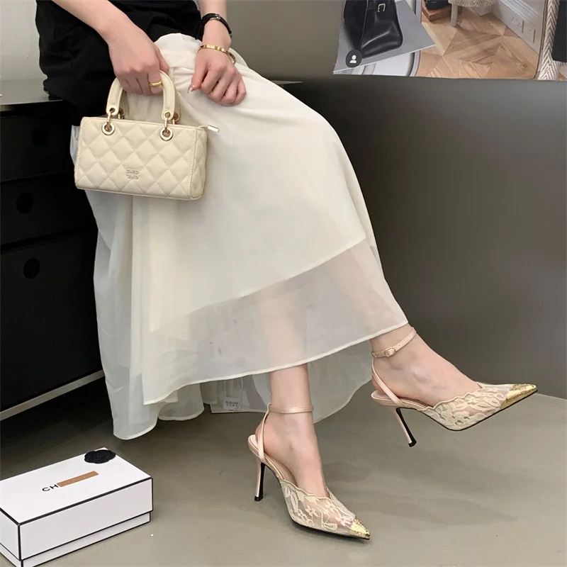 Aneikeh Fashion Retro Lace Designer Pointed Toe Thin Heels Slingbacks Pumps Women Wedding Banquet Dress Mules Ladies Shoes