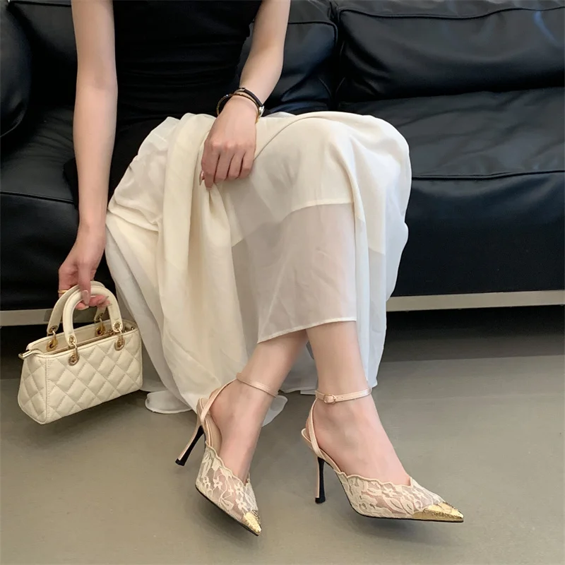 Aneikeh Fashion Retro Lace Designer Pointed Toe Thin Heels Slingbacks Pumps Women Wedding Banquet Dress Mules Ladies Shoes