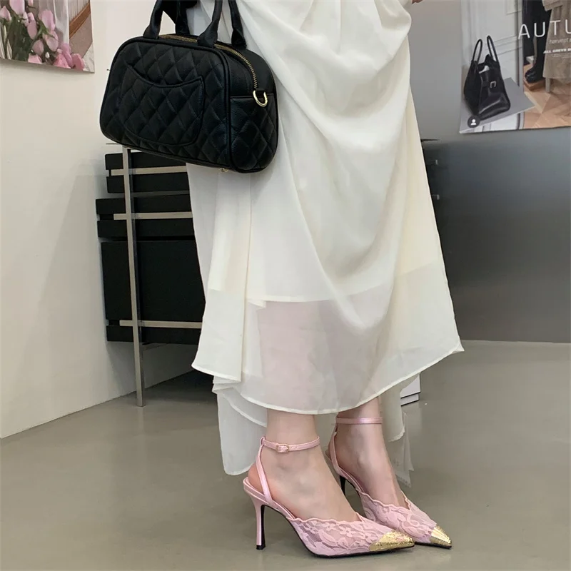 Aneikeh Fashion Retro Lace Designer Pointed Toe Thin Heels Slingbacks Pumps Women Wedding Banquet Dress Mules Ladies Shoes