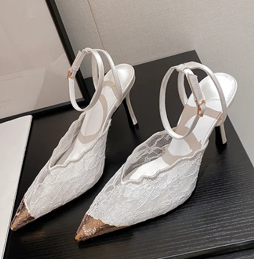 Aneikeh Fashion Retro Lace Designer Pointed Toe Thin Heels Slingbacks Pumps Women Wedding Banquet Dress Mules Ladies Shoes