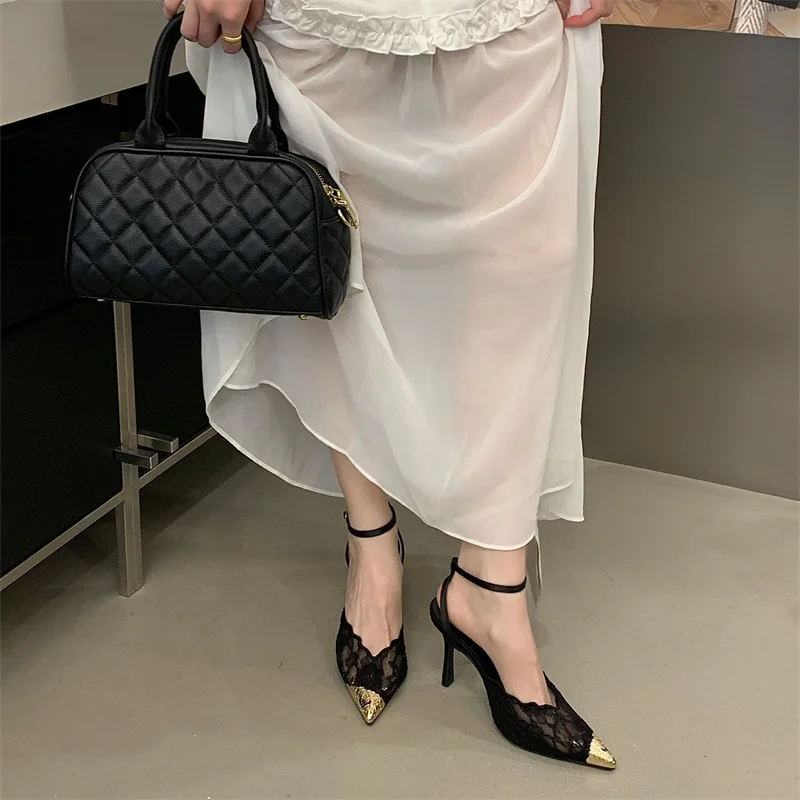 Aneikeh Fashion Retro Lace Designer Pointed Toe Thin Heels Slingbacks Pumps Women Wedding Banquet Dress Mules Ladies Shoes