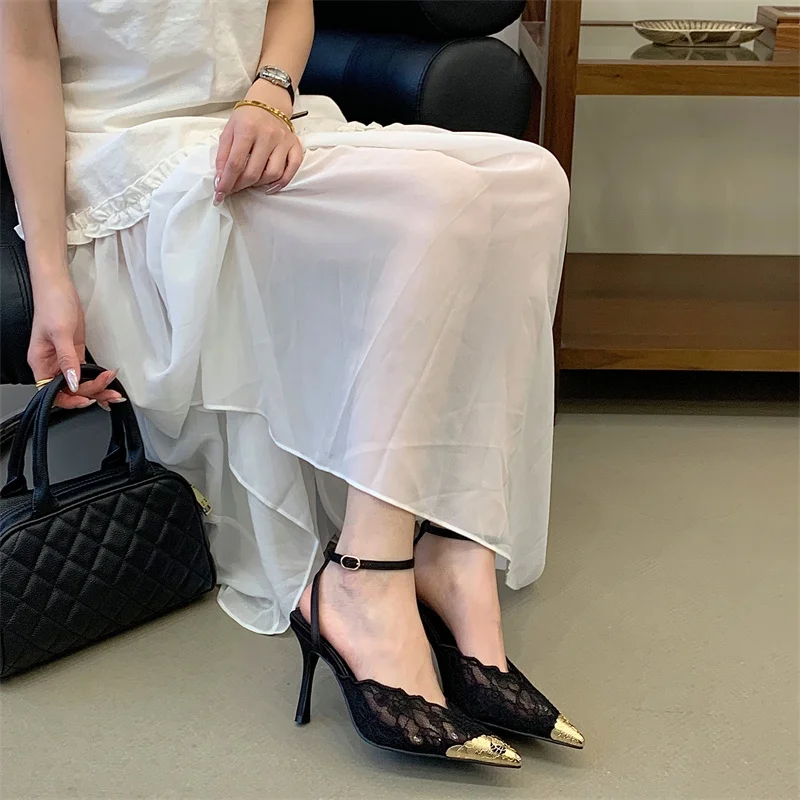 Aneikeh Fashion Retro Lace Designer Pointed Toe Thin Heels Slingbacks Pumps Women Wedding Banquet Dress Mules Ladies Shoes