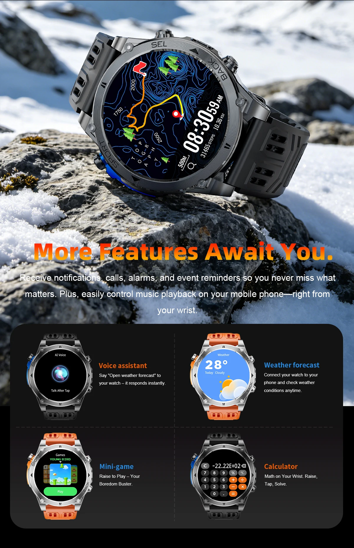 T-RX4 Ultra GPS Outdoors Military Smart Watch Men 1.7" AMOLED Compass 10ATM Waterproof 850mAh Battery Bluetooth Call Smartwatch
