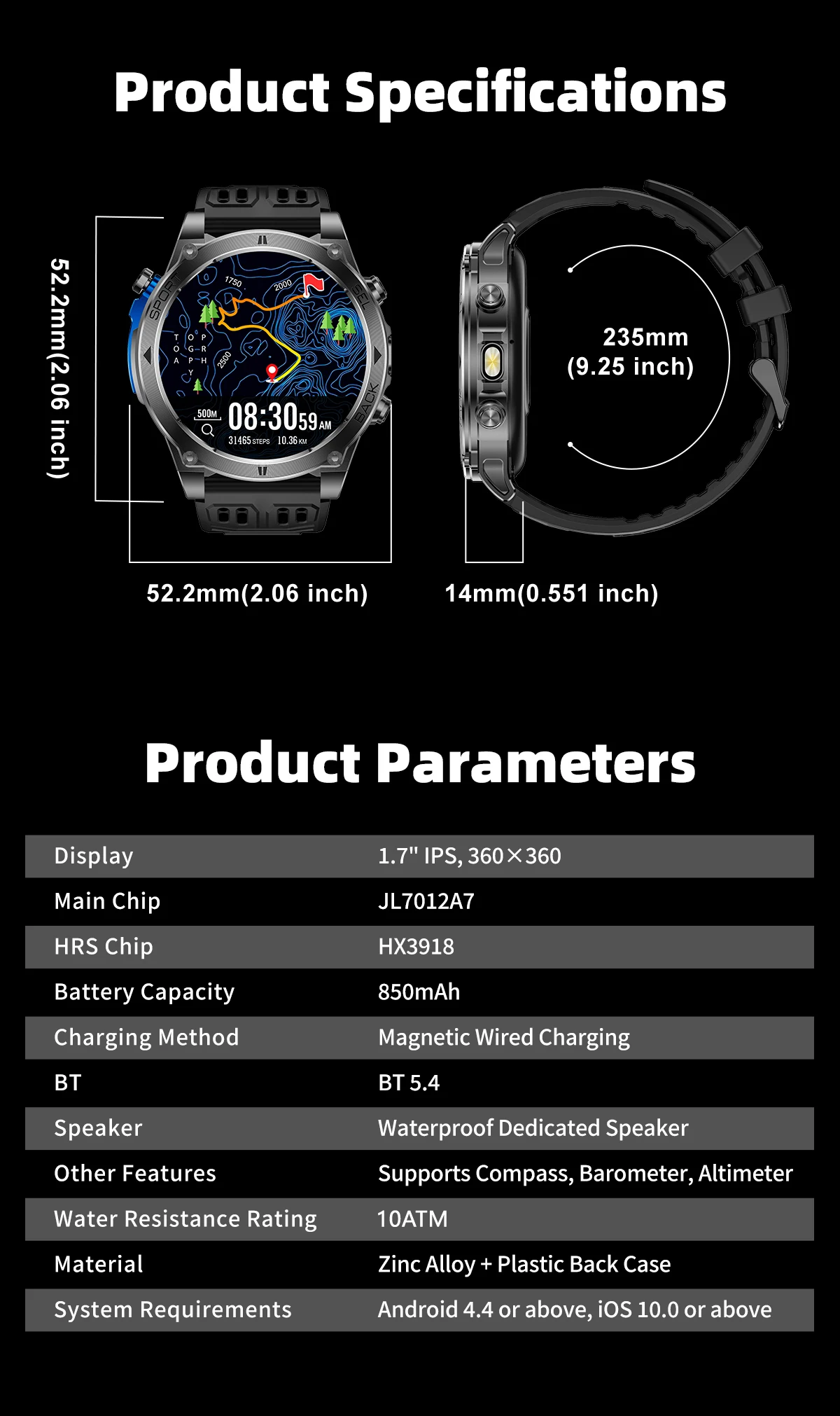 T-RX4 Ultra GPS Outdoors Military Smart Watch Men 1.7" AMOLED Compass 10ATM Waterproof 850mAh Battery Bluetooth Call Smartwatch