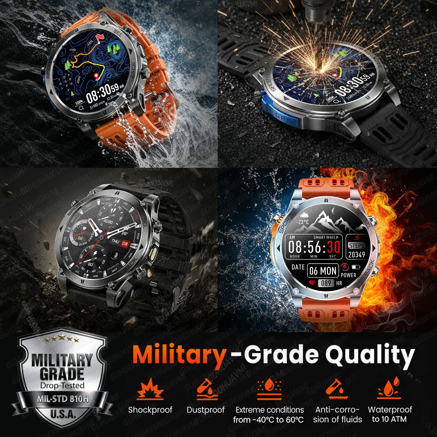 T-RX4 Ultra GPS Outdoors Military Smart Watch Men 1.7" AMOLED Compass 10ATM Waterproof 850mAh Battery Bluetooth Call Smartwatch