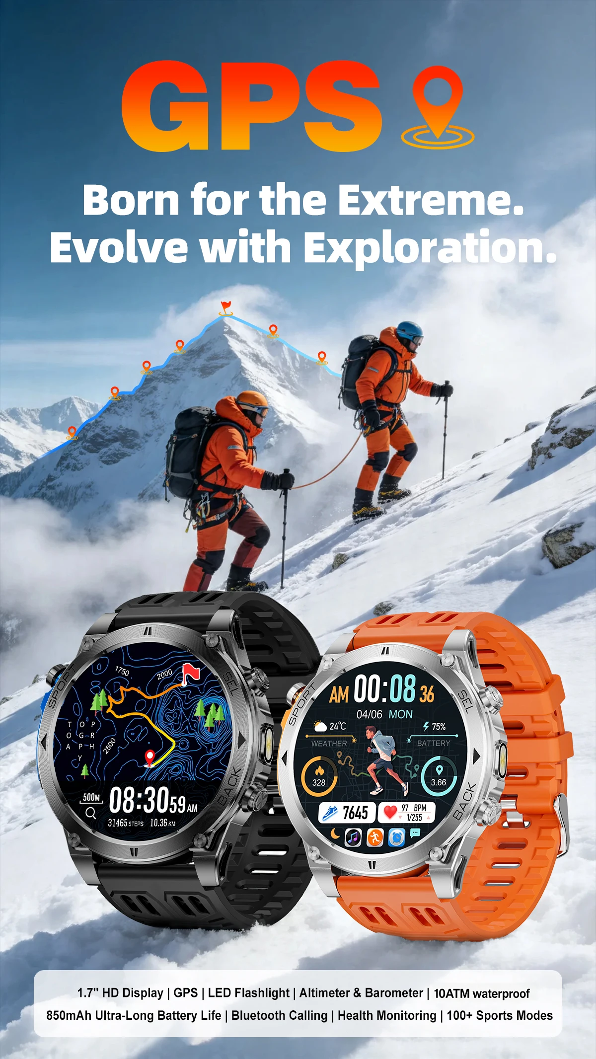 T-RX4 Ultra GPS Outdoors Military Smart Watch Men 1.7" AMOLED Compass 10ATM Waterproof 850mAh Battery Bluetooth Call Smartwatch