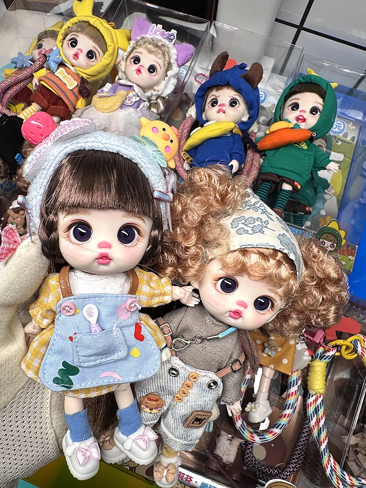 Luolifen Doll for Girl Gift Cute Mini OB11 BJD Trendy Toy Denim Set Kawaii Dopamine Candy Blue Green Eyes Toy Accessories