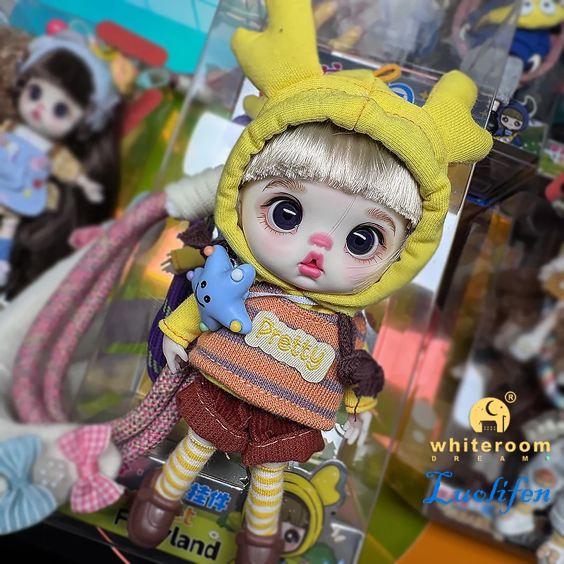 Luolifen Doll for Girl Gift Cute Mini OB11 BJD Trendy Toy Denim Set Kawaii Dopamine Candy Blue Green Eyes Toy Accessories