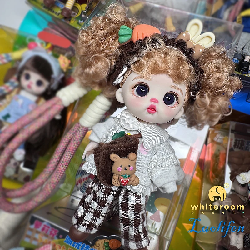 Luolifen Doll for Girl Gift Cute Mini OB11 BJD Trendy Toy Denim Set Kawaii Dopamine Candy Blue Green Eyes Toy Accessories