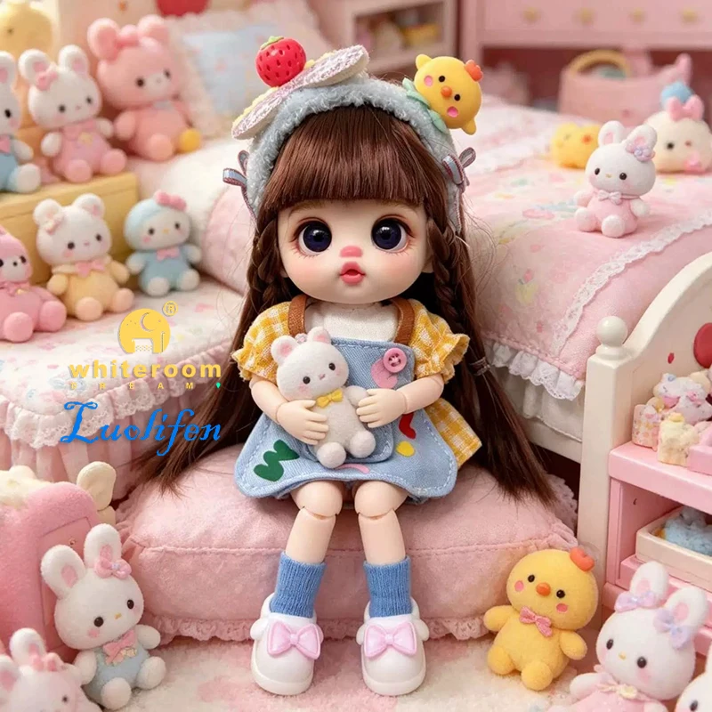Luolifen Doll for Girl Gift Cute Mini OB11 BJD Trendy Toy Denim Set Kawaii Dopamine Candy Blue Green Eyes Toy Accessories