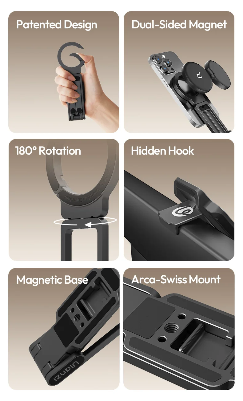 Ulanzi MA38 MagLock Phone Stand Magnetic Phone Mount Selfie for iPhone 17 16 15 14 with Hidden Hook for Slopes Walls for Travel