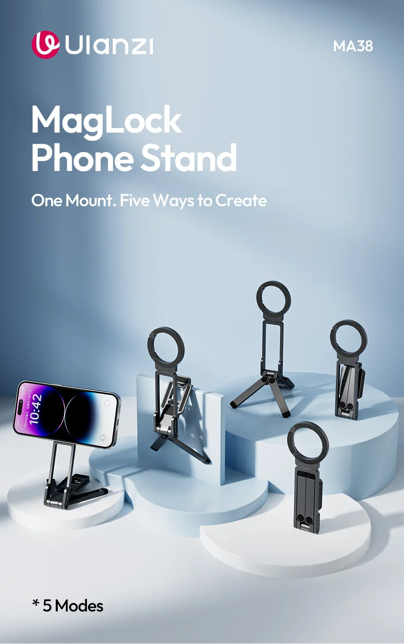 Ulanzi MA38 MagLock Phone Stand Magnetic Phone Mount Selfie for iPhone 17 16 15 14 with Hidden Hook for Slopes Walls for Travel
