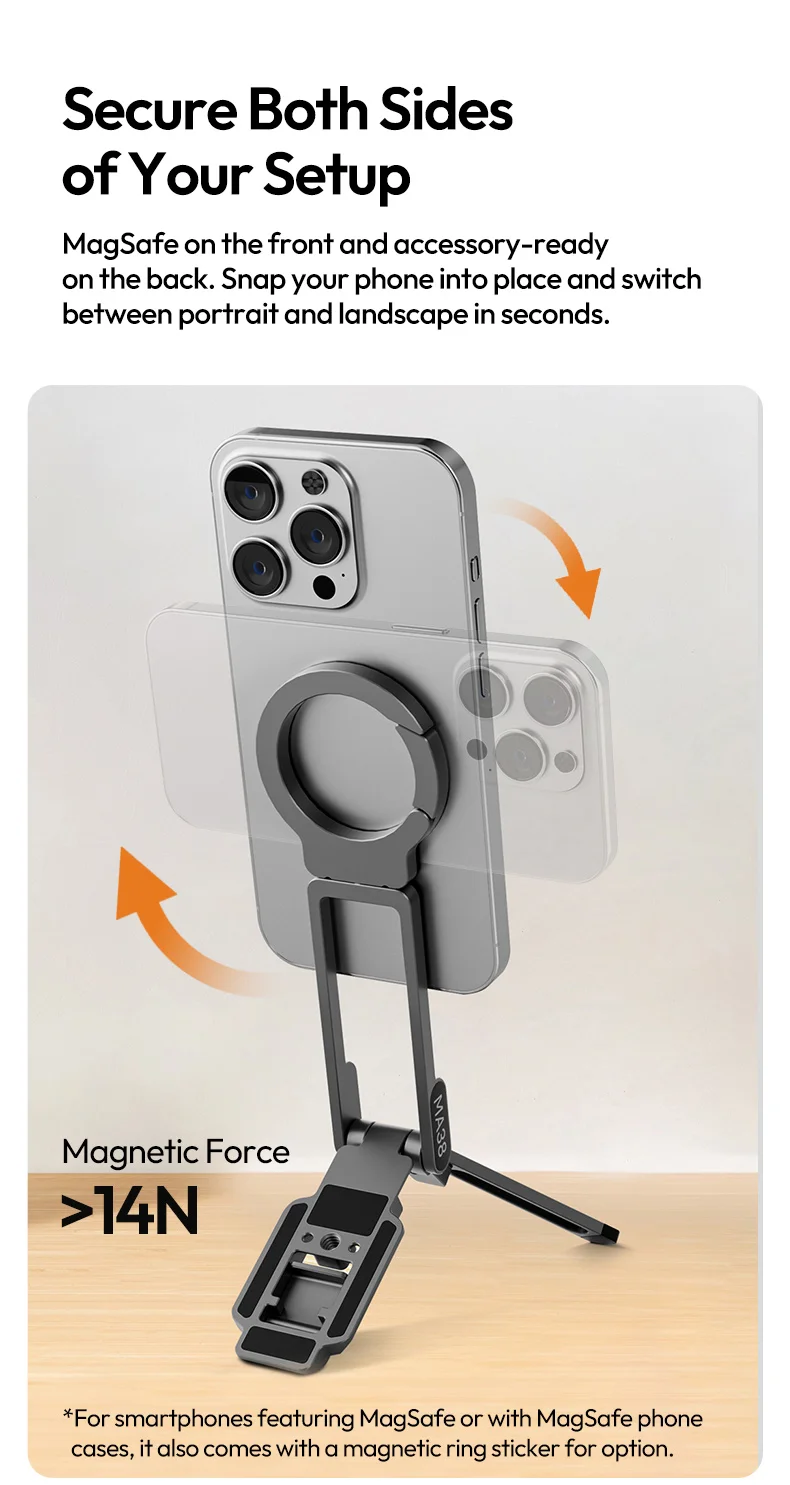 Ulanzi MA38 MagLock Phone Stand Magnetic Phone Mount Selfie for iPhone 17 16 15 14 with Hidden Hook for Slopes Walls for Travel