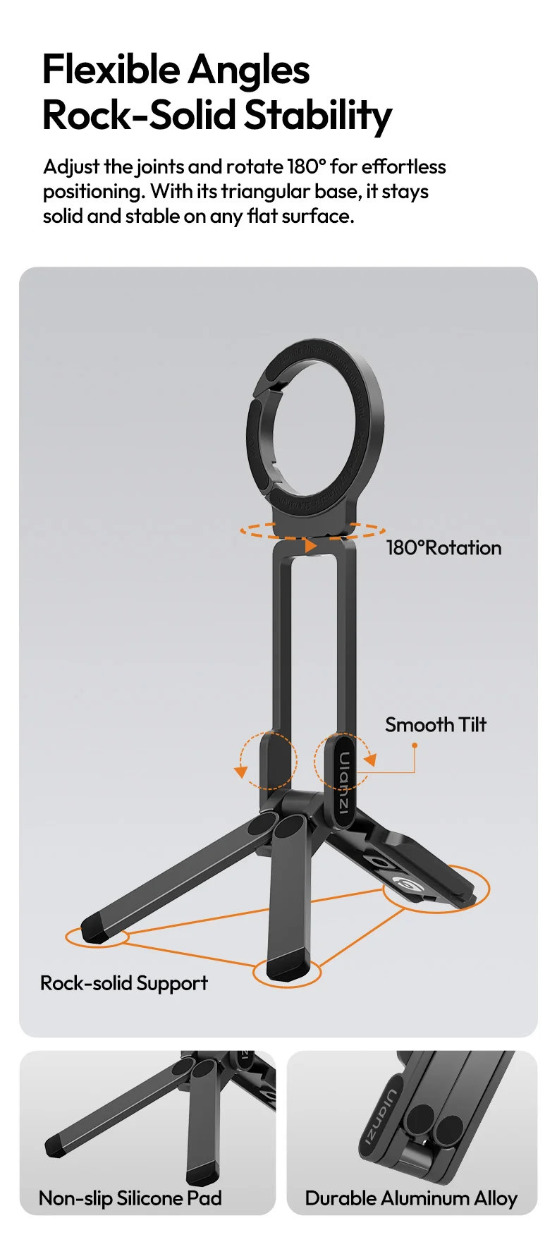 Ulanzi MA38 MagLock Phone Stand Magnetic Phone Mount Selfie for iPhone 17 16 15 14 with Hidden Hook for Slopes Walls for Travel