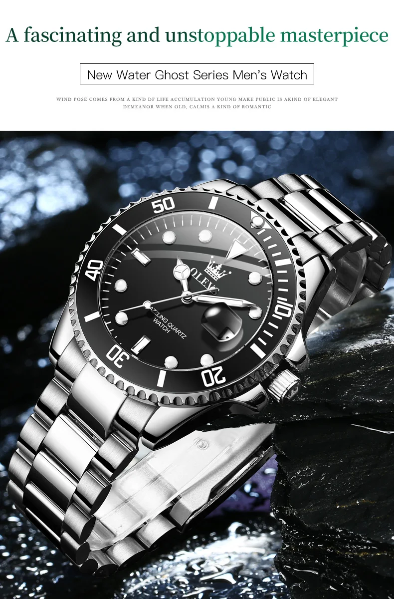 OLEVS 5885 Men's Watches Business Stainless Steel Strap Green Quartz Watch Waterproof Calendar Luminous High Quality Wristwatch