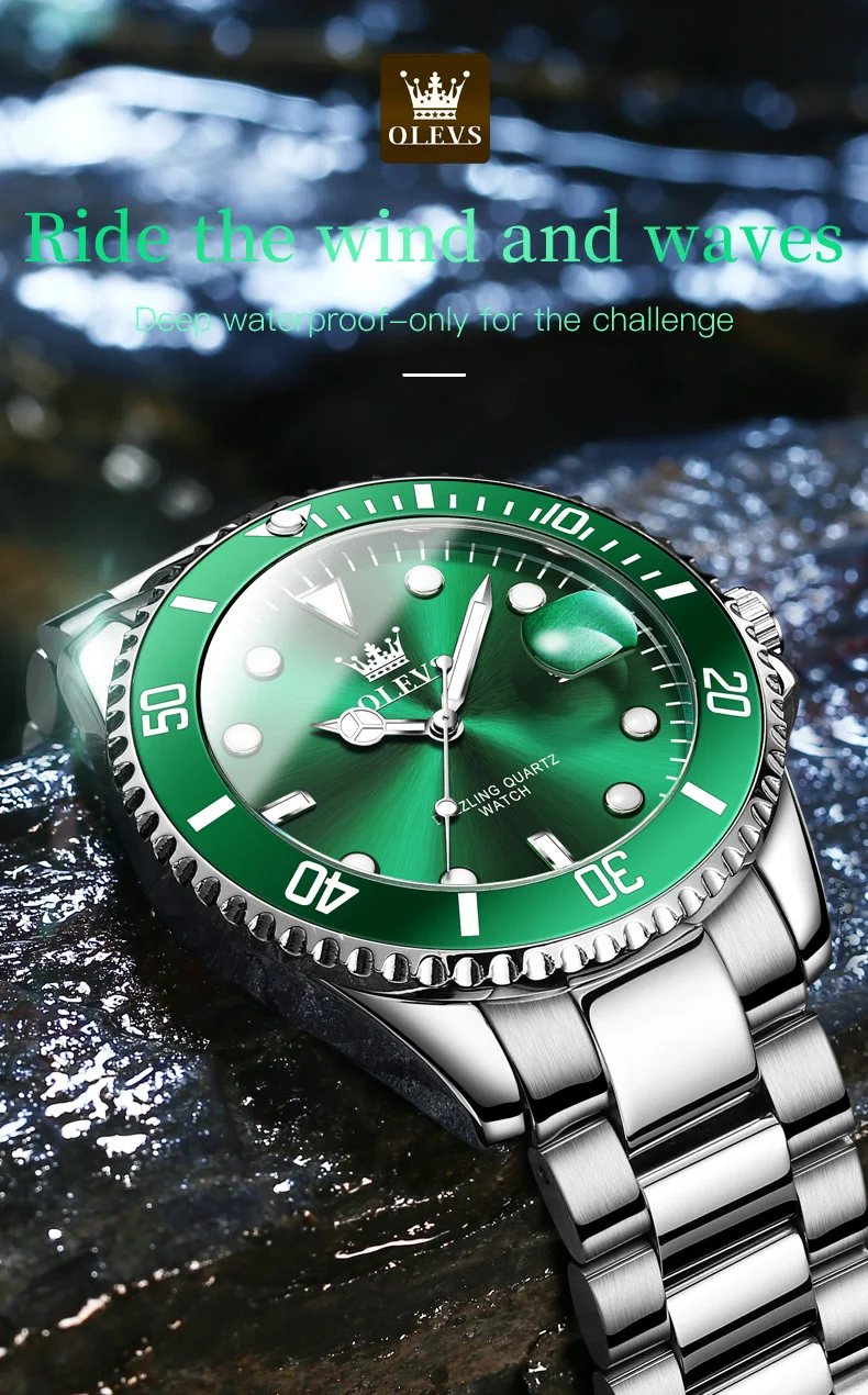 OLEVS 5885 Men's Watches Business Stainless Steel Strap Green Quartz Watch Waterproof Calendar Luminous High Quality Wristwatch