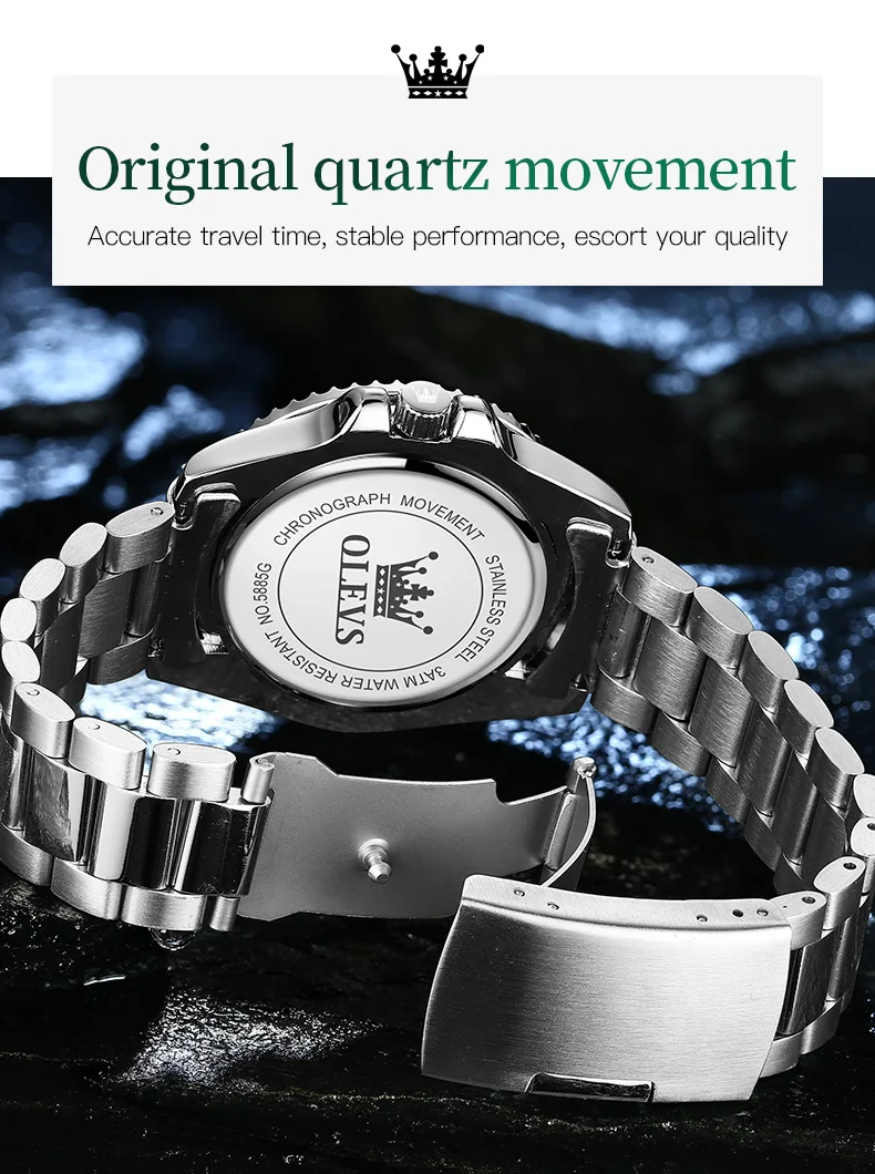 OLEVS 5885 Men's Watches Business Stainless Steel Strap Green Quartz Watch Waterproof Calendar Luminous High Quality Wristwatch