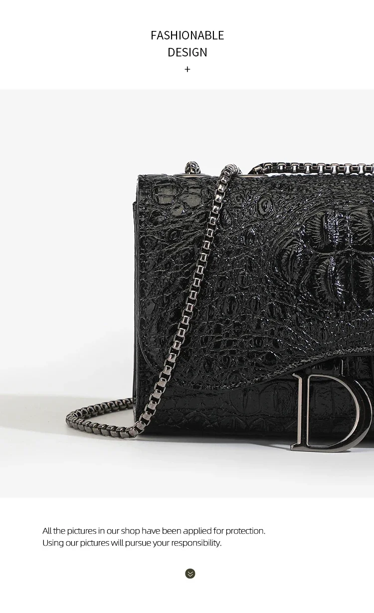 Fashion Ladies Croc Pattern Sequined Chain Crossbody Bag D‑Buckle Shoulder Messenger Handbag Women Evening Party Purse
