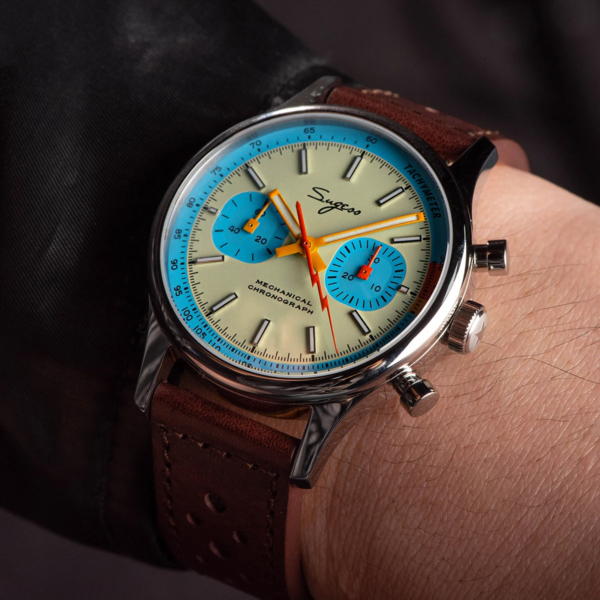 Sugess Pilot Watch with Seagull Movement Swanneck Wristwatch Mechanical Chronograph Sappire Crystal Military Limited Racing 1963