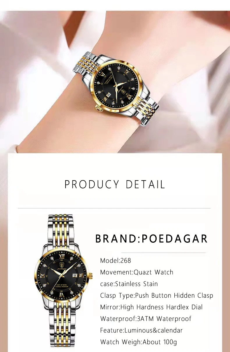 POEDAGAR Luxury Woman Watch Waterproof Stainless Steel Luminous Date Ladies Watch Fashion Simple Casual Women’s Quartz Watches