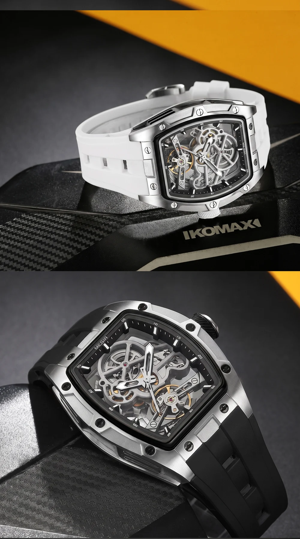 MEGIR Fashion Leisure Alloy Case Men Mechanical Watch Silicone Band Barrel Shaped Dial Luminous Pointer Design Man Wristwatch