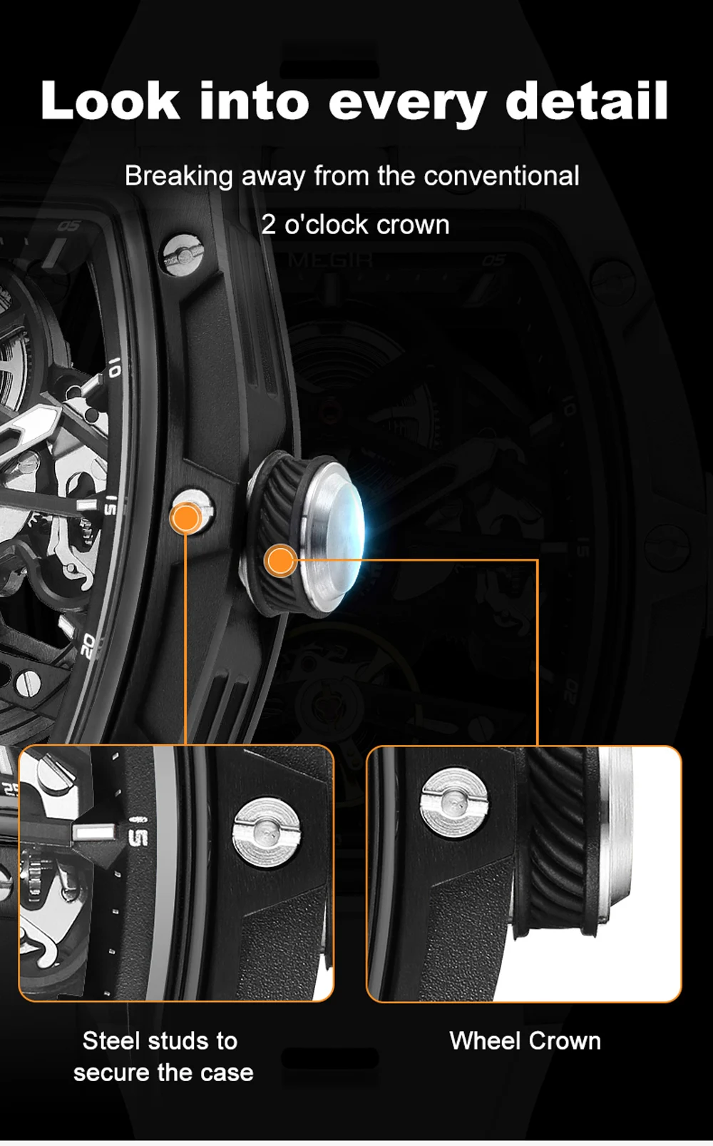 MEGIR Fashion Leisure Alloy Case Men Mechanical Watch Silicone Band Barrel Shaped Dial Luminous Pointer Design Man Wristwatch
