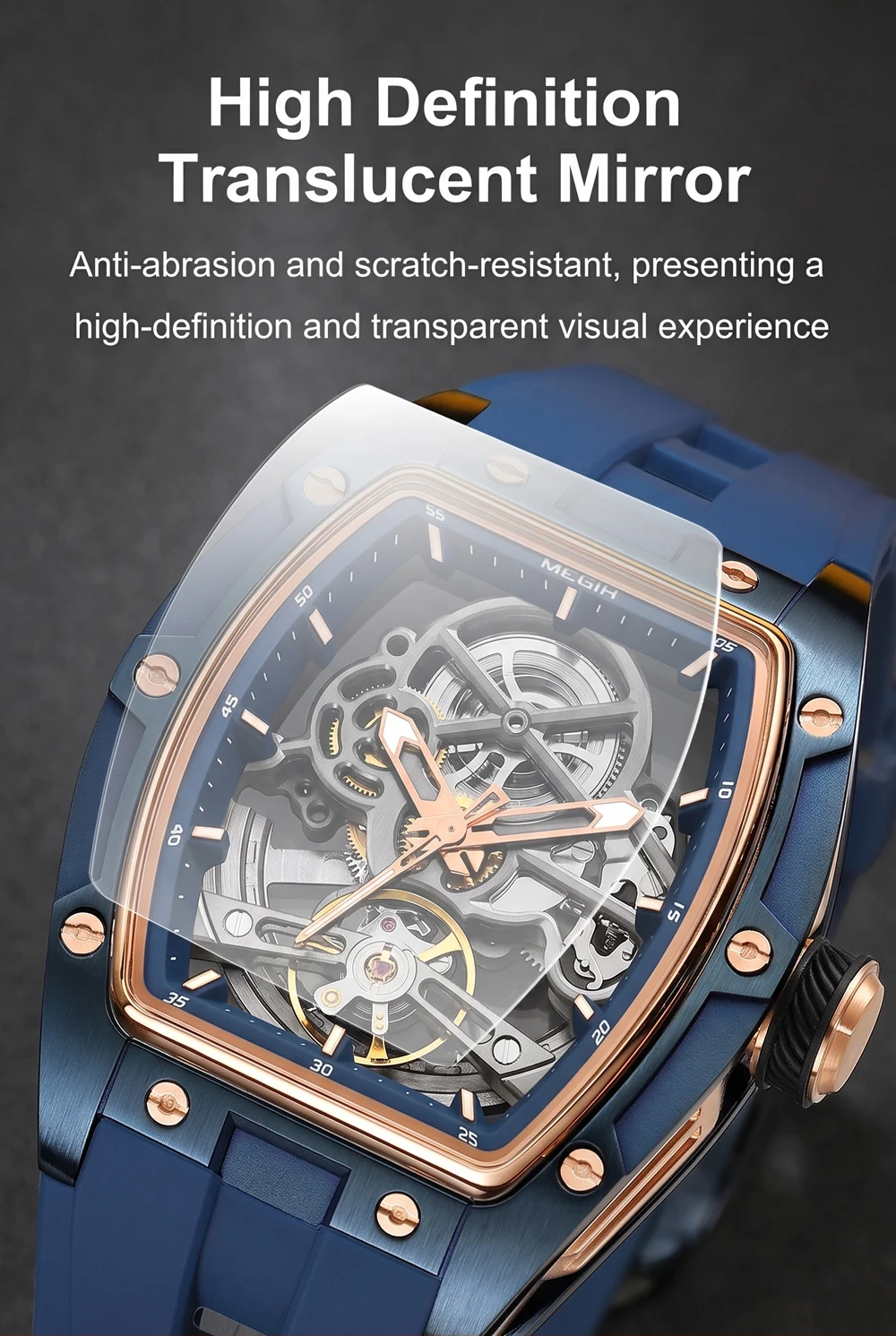 MEGIR Fashion Leisure Alloy Case Men Mechanical Watch Silicone Band Barrel Shaped Dial Luminous Pointer Design Man Wristwatch