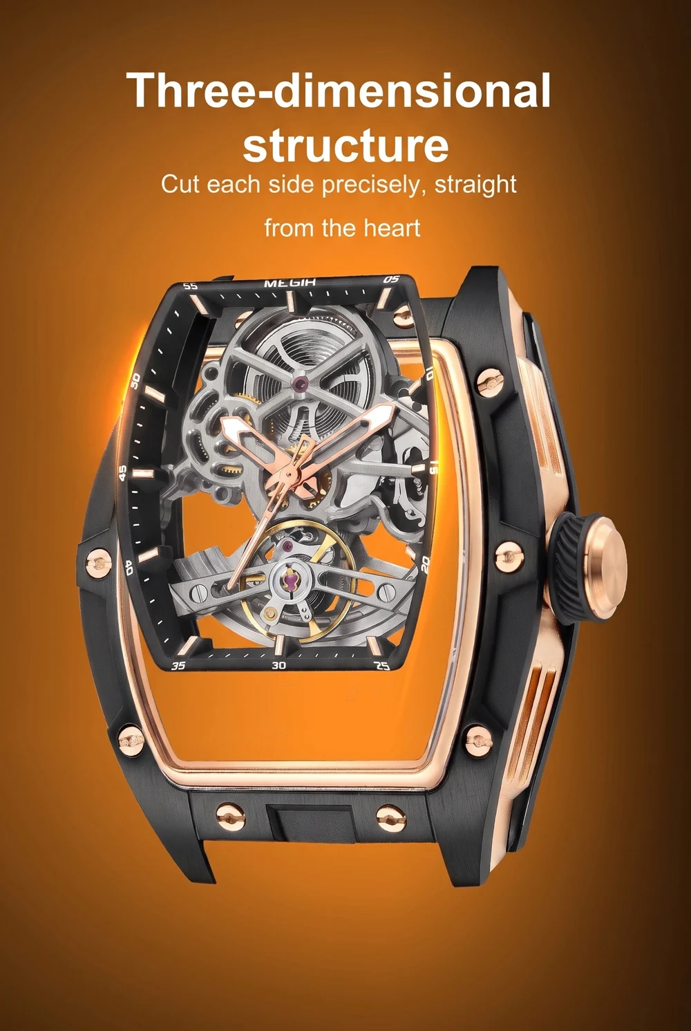 MEGIR Fashion Leisure Alloy Case Men Mechanical Watch Silicone Band Barrel Shaped Dial Luminous Pointer Design Man Wristwatch
