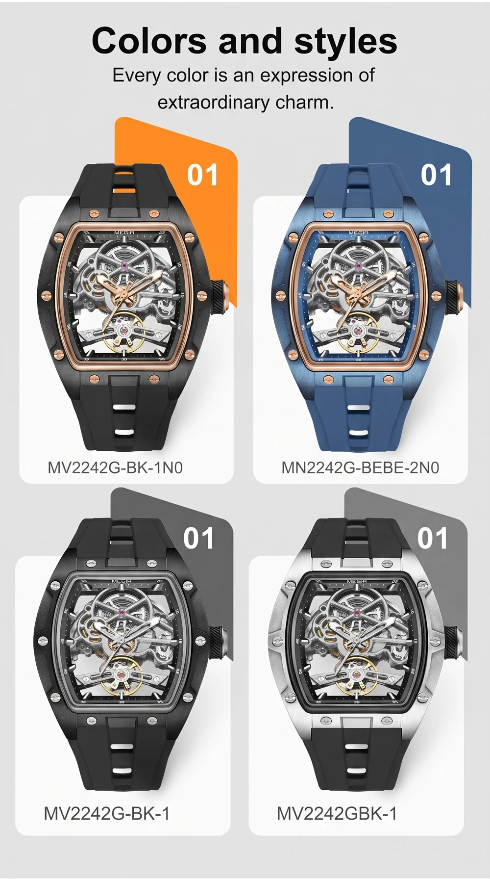 MEGIR Fashion Leisure Alloy Case Men Mechanical Watch Silicone Band Barrel Shaped Dial Luminous Pointer Design Man Wristwatch