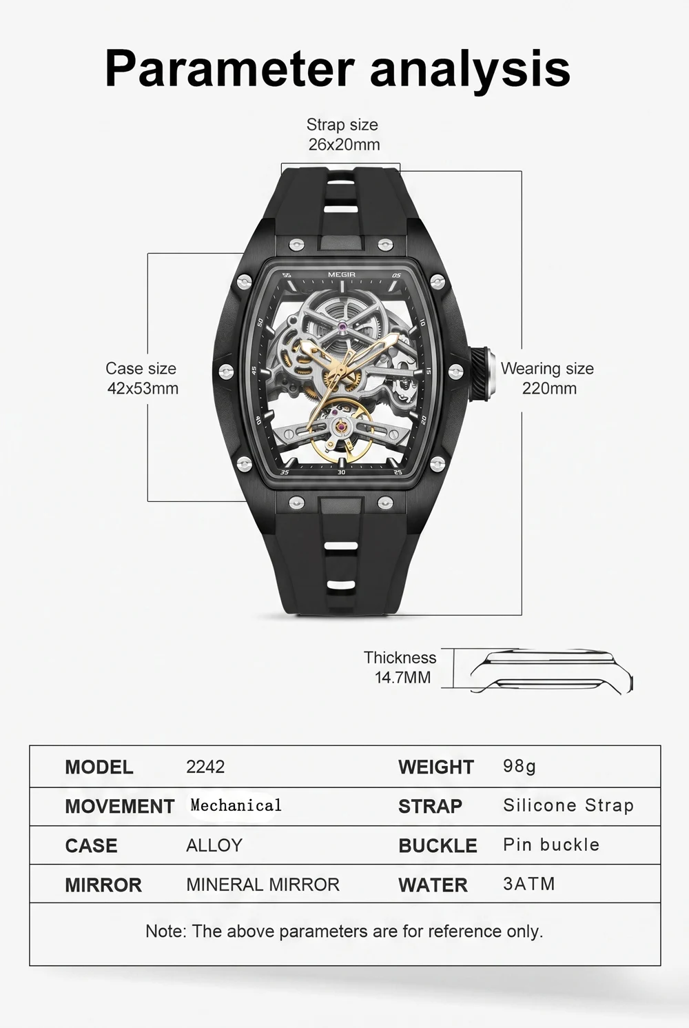MEGIR Fashion Leisure Alloy Case Men Mechanical Watch Silicone Band Barrel Shaped Dial Luminous Pointer Design Man Wristwatch