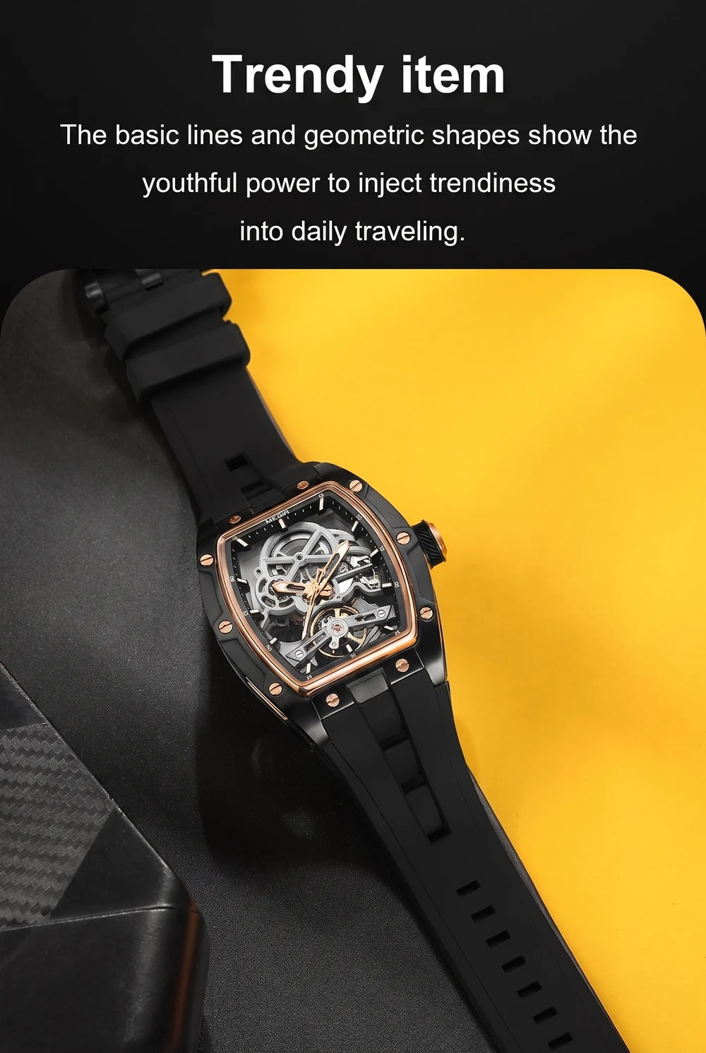 MEGIR Fashion Leisure Alloy Case Men Mechanical Watch Silicone Band Barrel Shaped Dial Luminous Pointer Design Man Wristwatch
