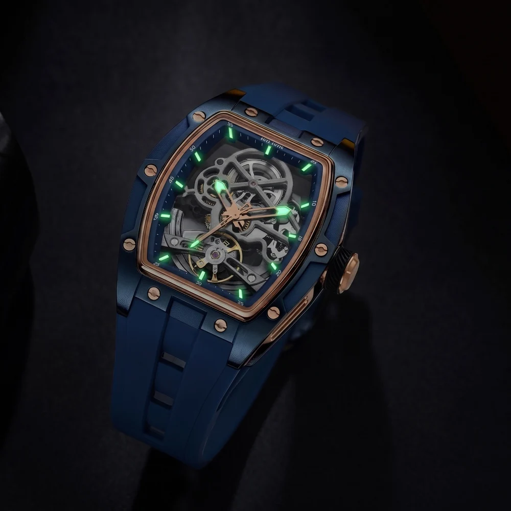 MEGIR Fashion Leisure Alloy Case Men Mechanical Watch Silicone Band Barrel Shaped Dial Luminous Pointer Design Man Wristwatch