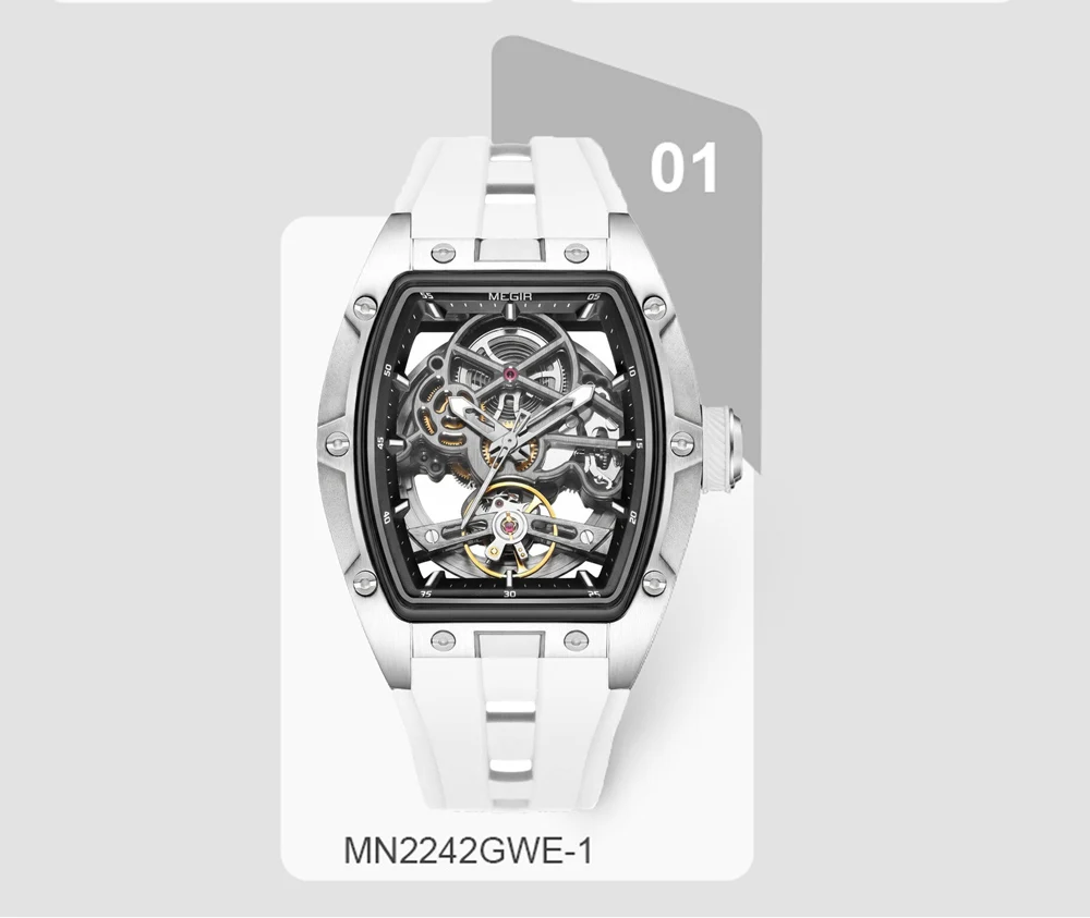 MEGIR Fashion Leisure Alloy Case Men Mechanical Watch Silicone Band Barrel Shaped Dial Luminous Pointer Design Man Wristwatch