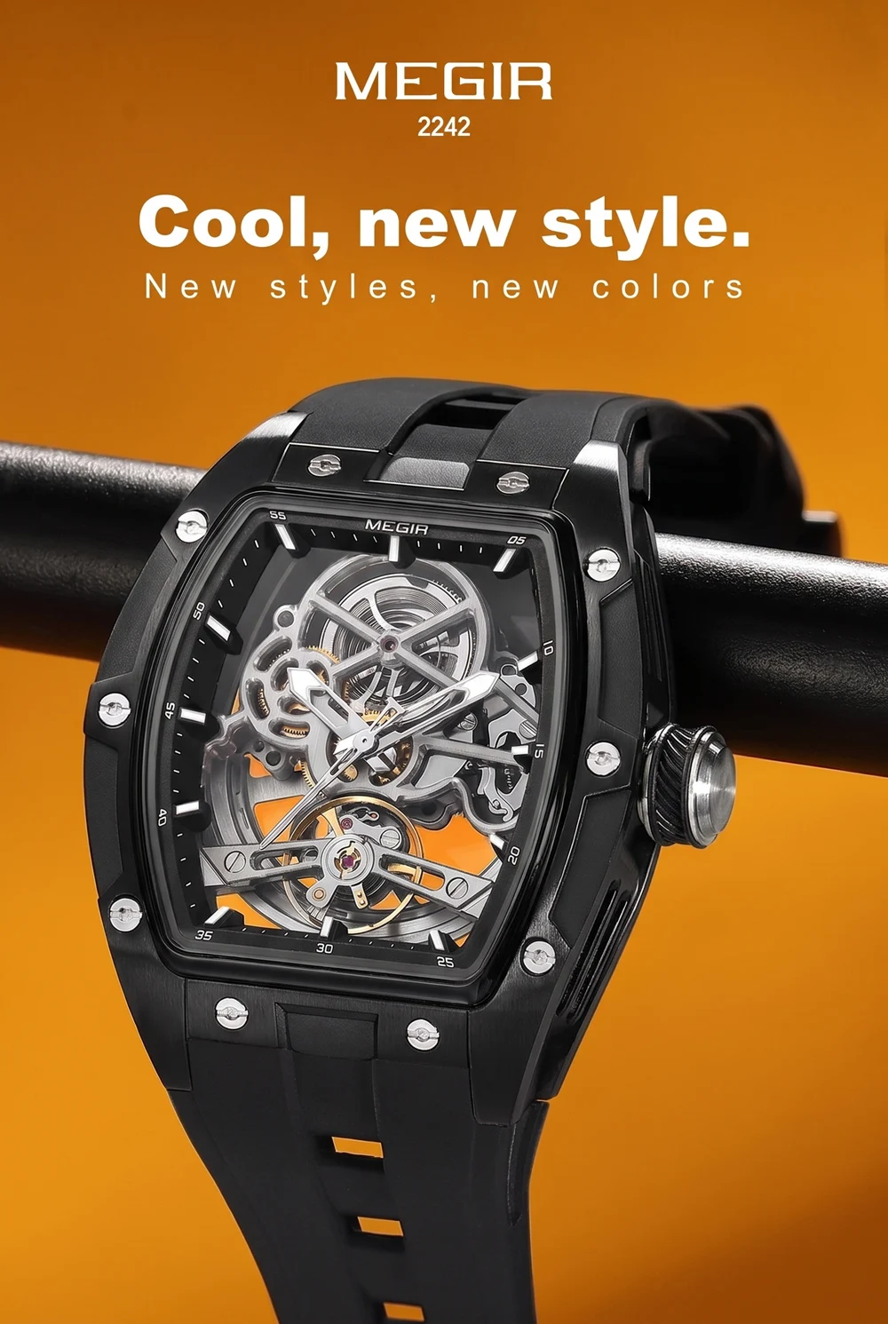 MEGIR Fashion Leisure Alloy Case Men Mechanical Watch Silicone Band Barrel Shaped Dial Luminous Pointer Design Man Wristwatch