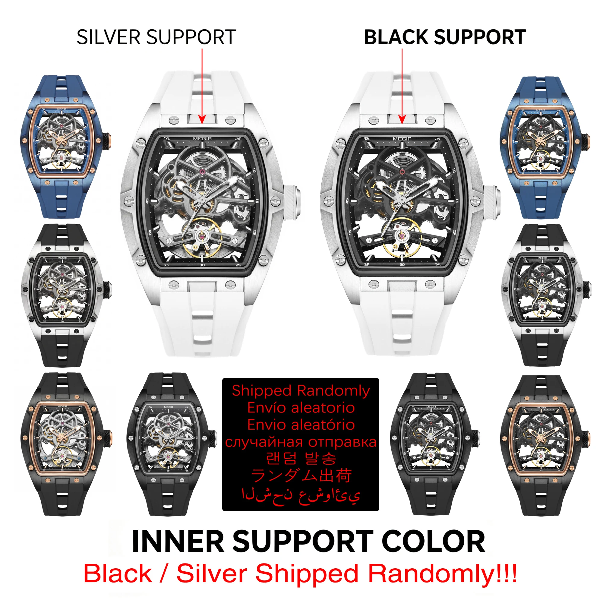 MEGIR Fashion Leisure Alloy Case Men Mechanical Watch Silicone Band Barrel Shaped Dial Luminous Pointer Design Man Wristwatch