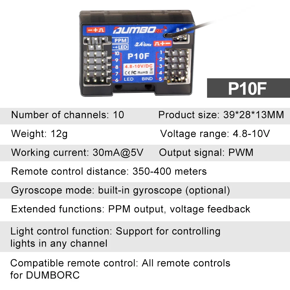 DUMBORC 2.4GHz Receiver P6F P6F(G) P6DC P6DC(G) P4FM(G) P4FM P6FP P10F P10F(G) Receiver with Gyro/without Gyro For RC Car Boat