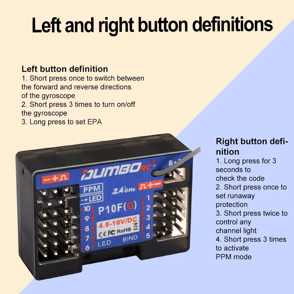 DUMBORC 2.4GHz Receiver P6F P6F(G) P6DC P6DC(G) P4FM(G) P4FM P6FP P10F P10F(G) Receiver with Gyro/without Gyro For RC Car Boat