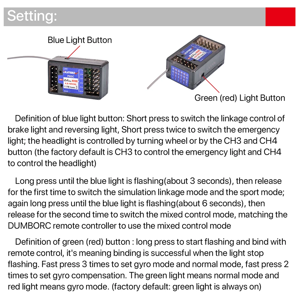DUMBORC 2.4GHz Receiver P6F P6F(G) P6DC P6DC(G) P4FM(G) P4FM P6FP P10F P10F(G) Receiver with Gyro/without Gyro For RC Car Boat