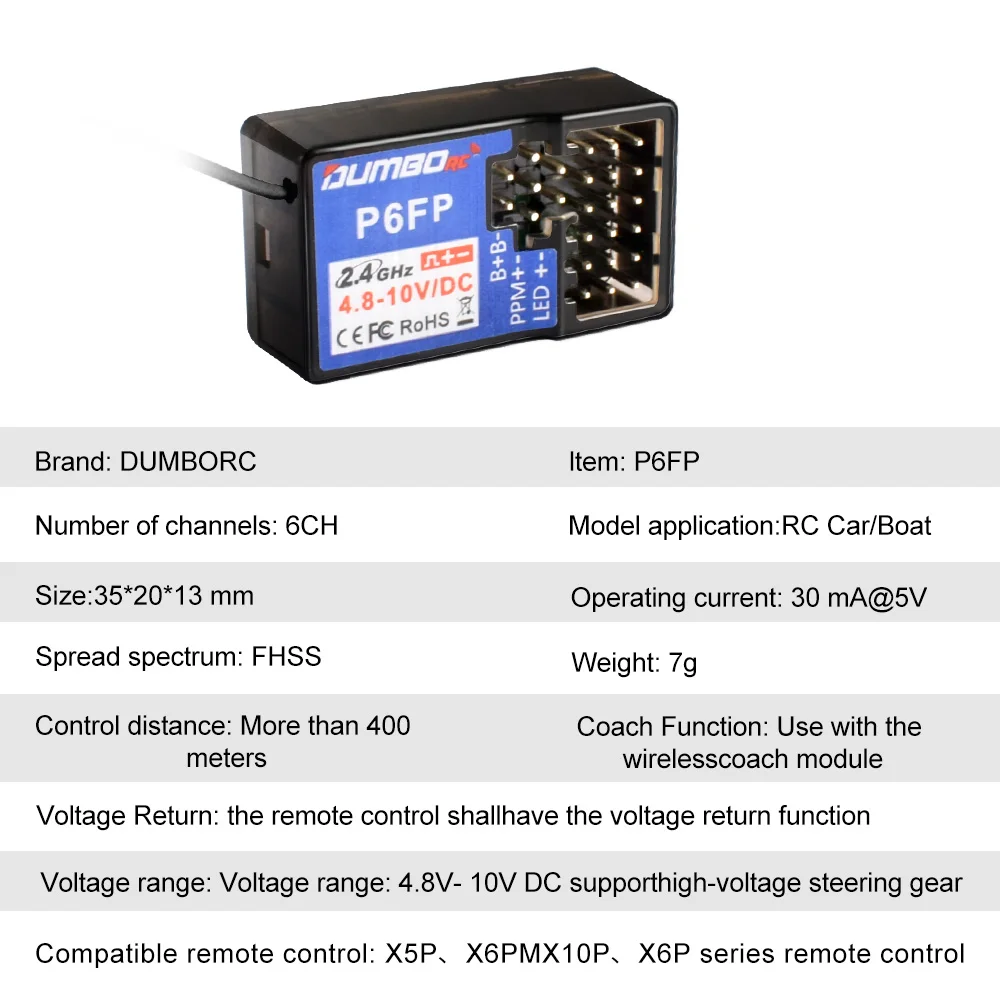 DUMBORC 2.4GHz Receiver P6F P6F(G) P6DC P6DC(G) P4FM(G) P4FM P6FP P10F P10F(G) Receiver with Gyro/without Gyro For RC Car Boat