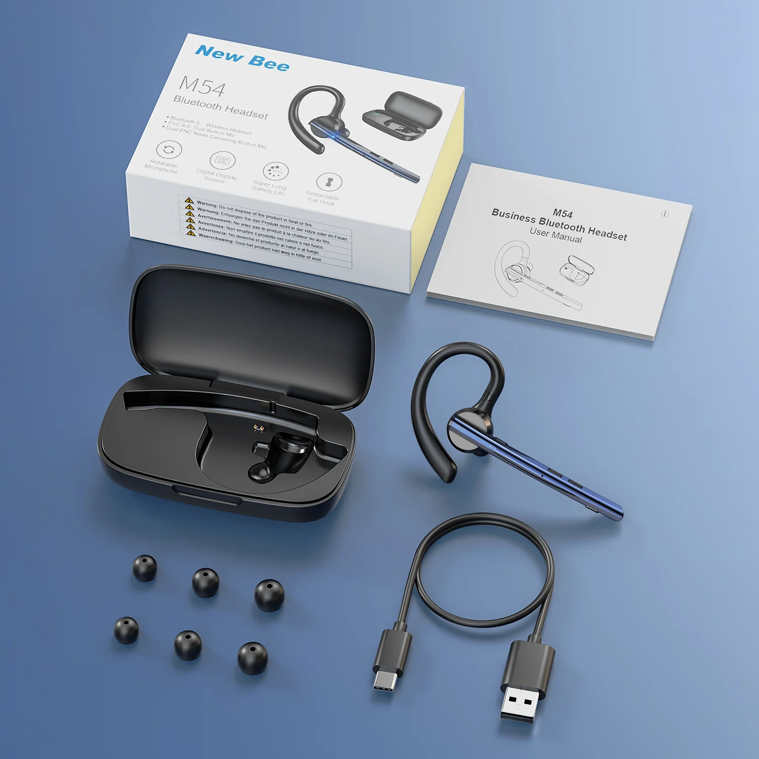 New Bee M54 Bluetooth Headset Wireless Headphone Noise Cancelling Earpiece Dual-Mic Mute Handsfree Earphones for Driver Office